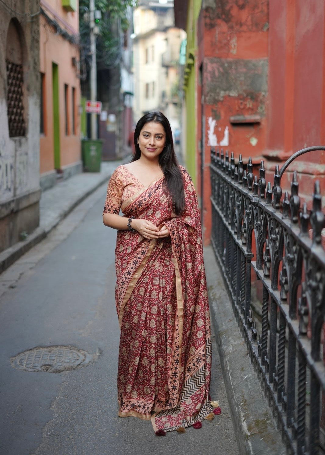 Pure chanderi hand block ajrakh saree.