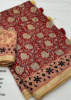 Pure chanderi hand block ajrakh saree.