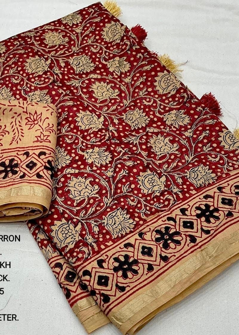 Pure chanderi hand block ajrakh saree.