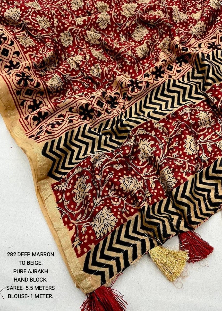 Pure chanderi hand block ajrakh saree.
