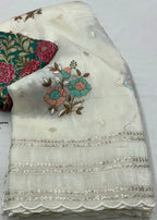 Paper crush white embroidery saree.