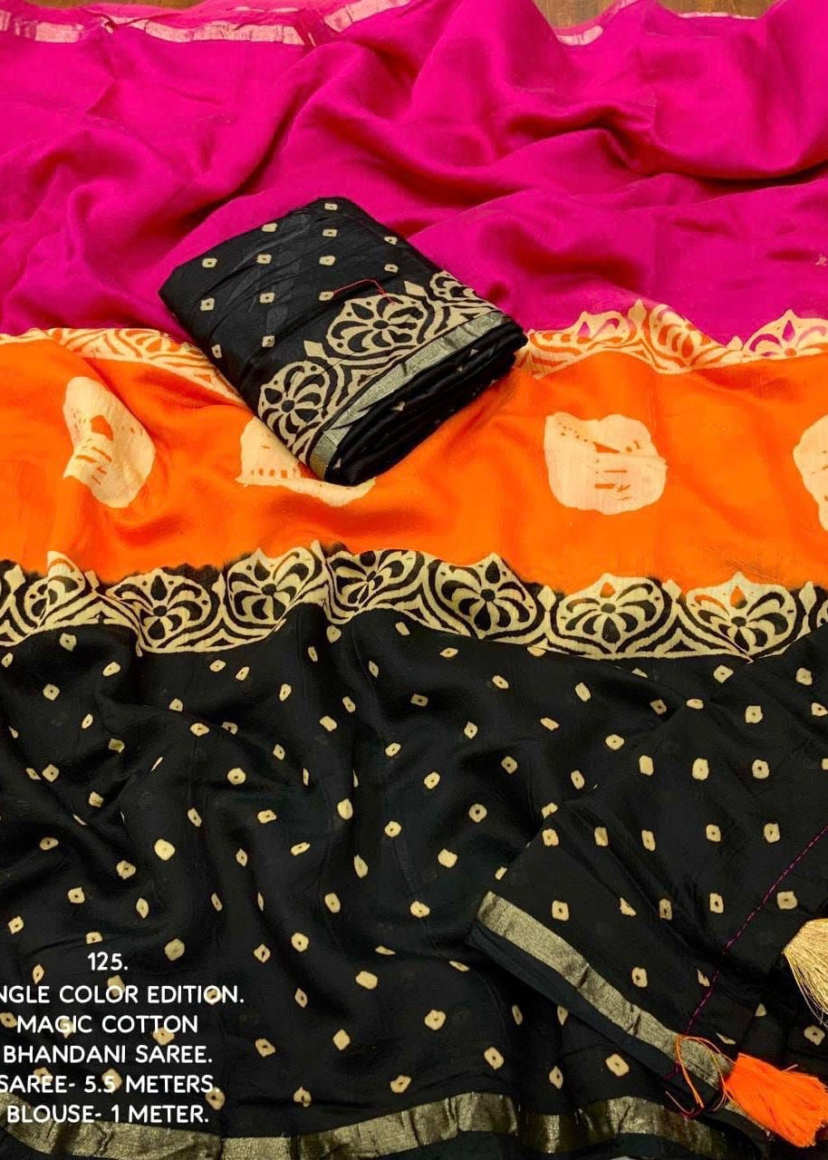 Tricolour hand-block printed saree