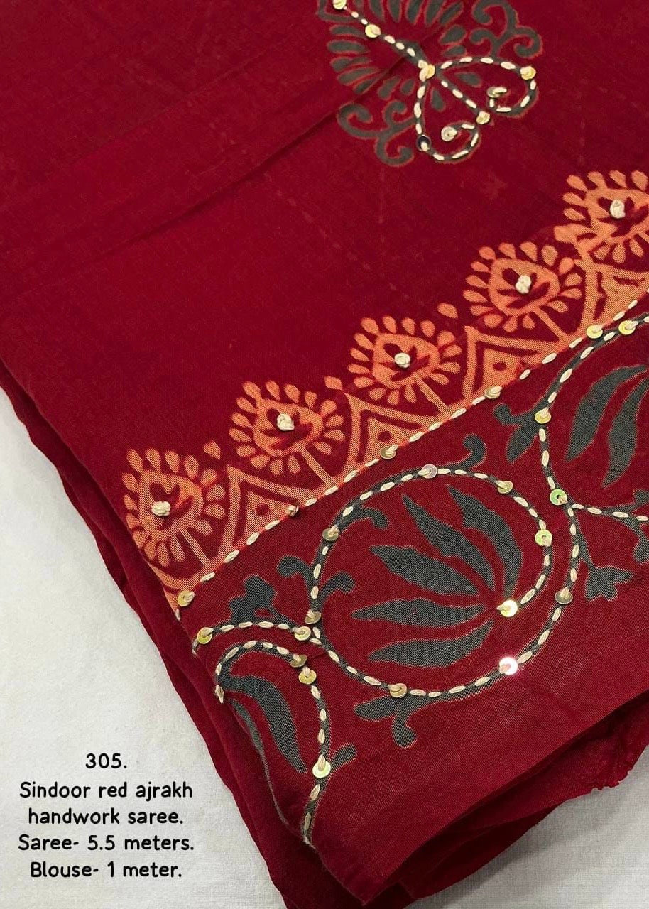 Pure ajrakh hand work saree.