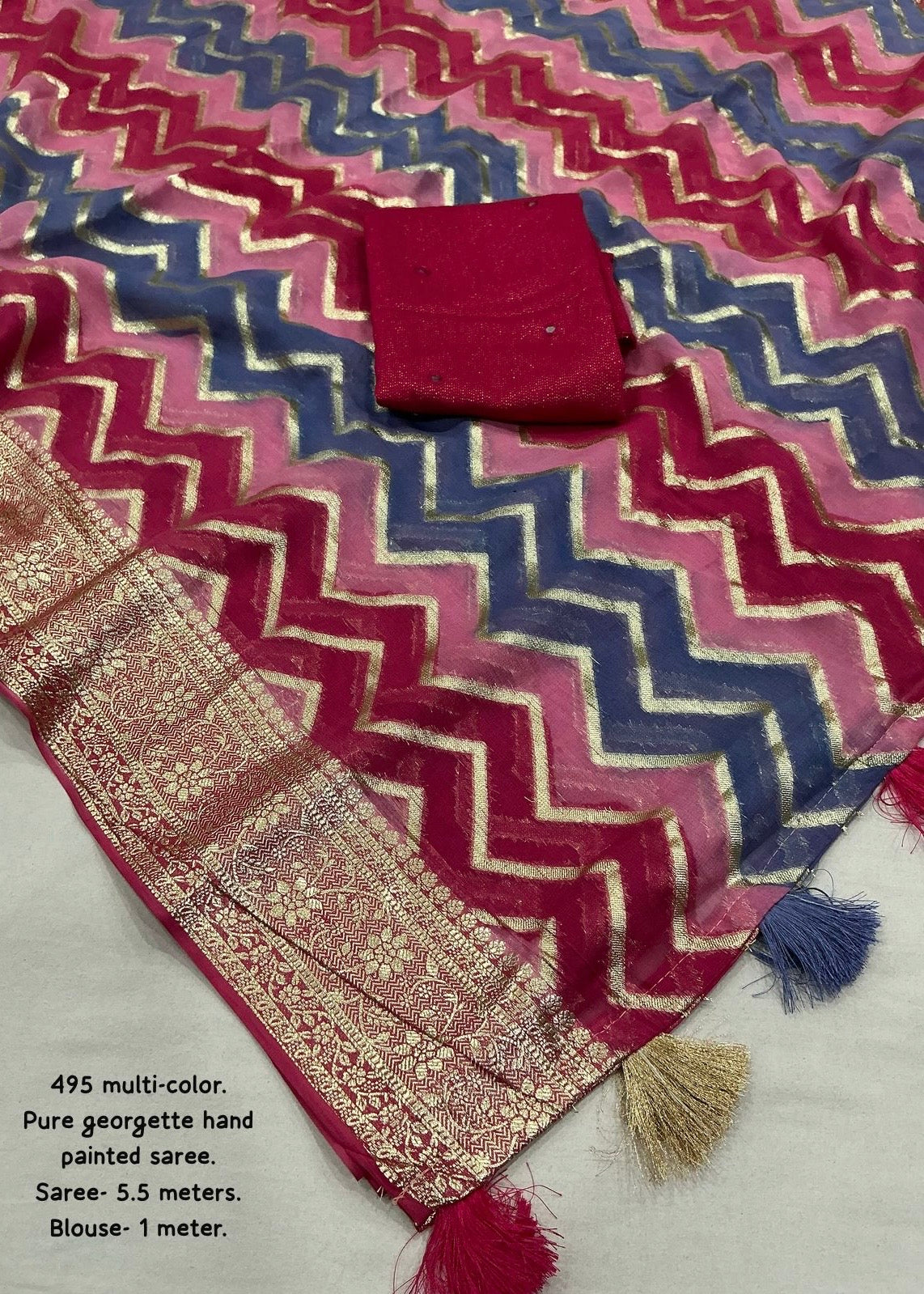 Pure georgette hand painted saree.