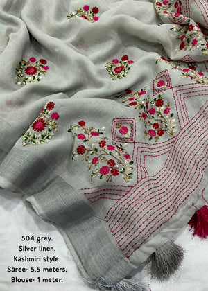 Kashmiri style linen embroidery saree.