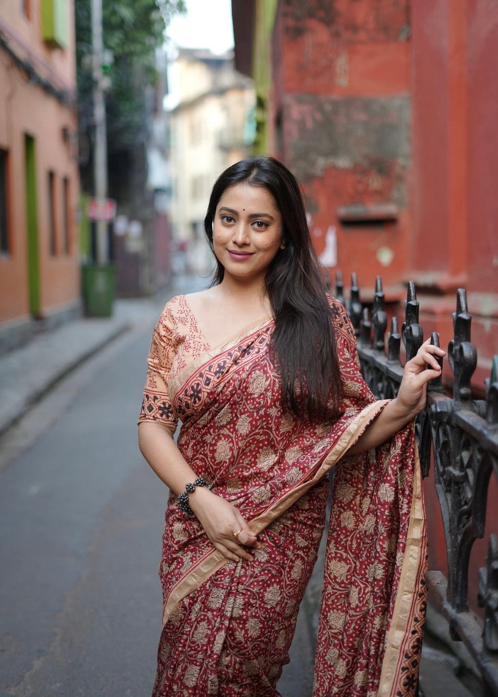 Pure chanderi hand block ajrakh saree.