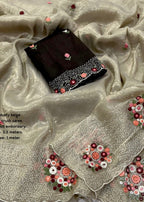 Paper crush beige embroidery saree.
