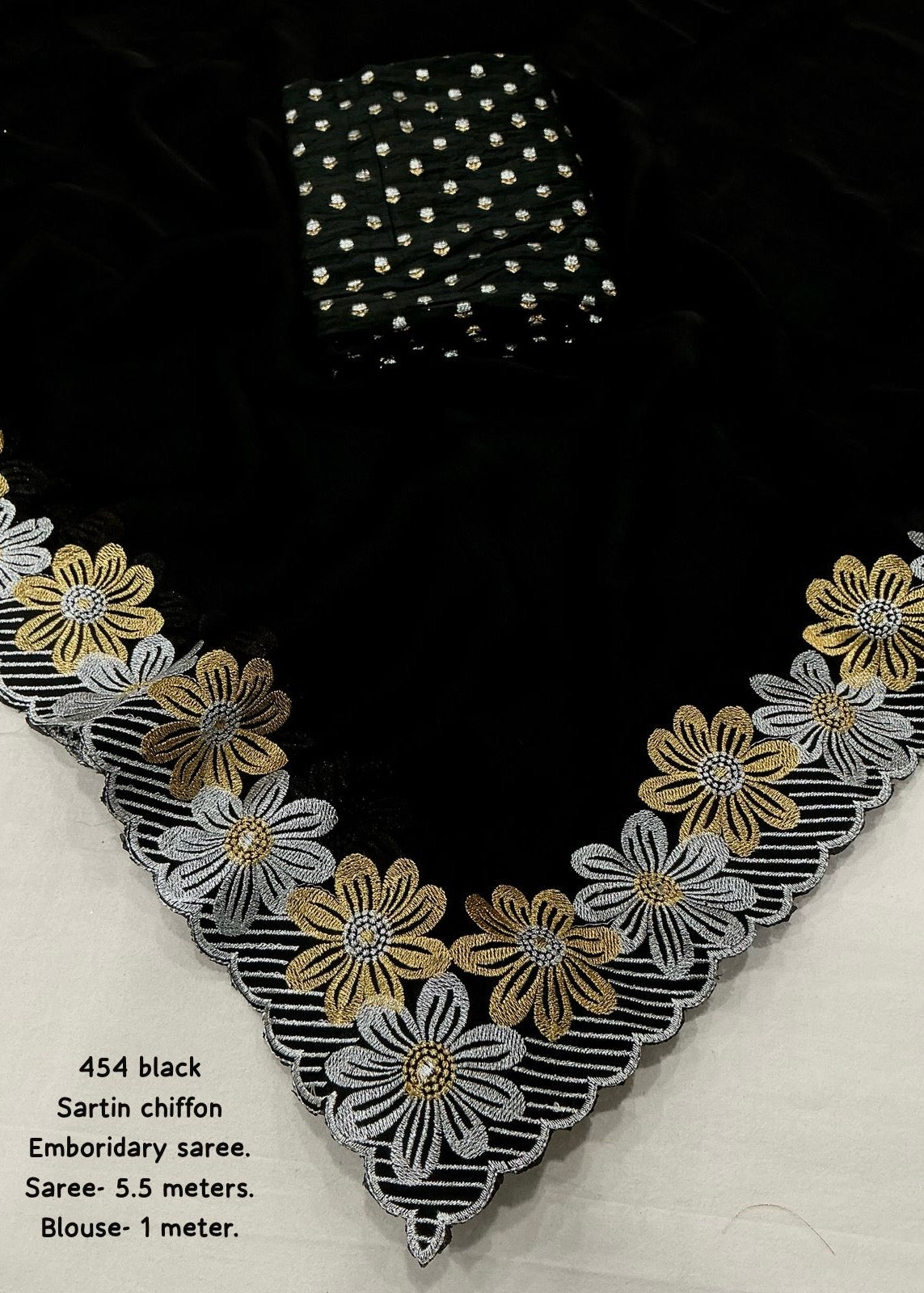 Black satin chiffon saree.