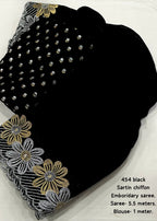 Black satin chiffon saree.