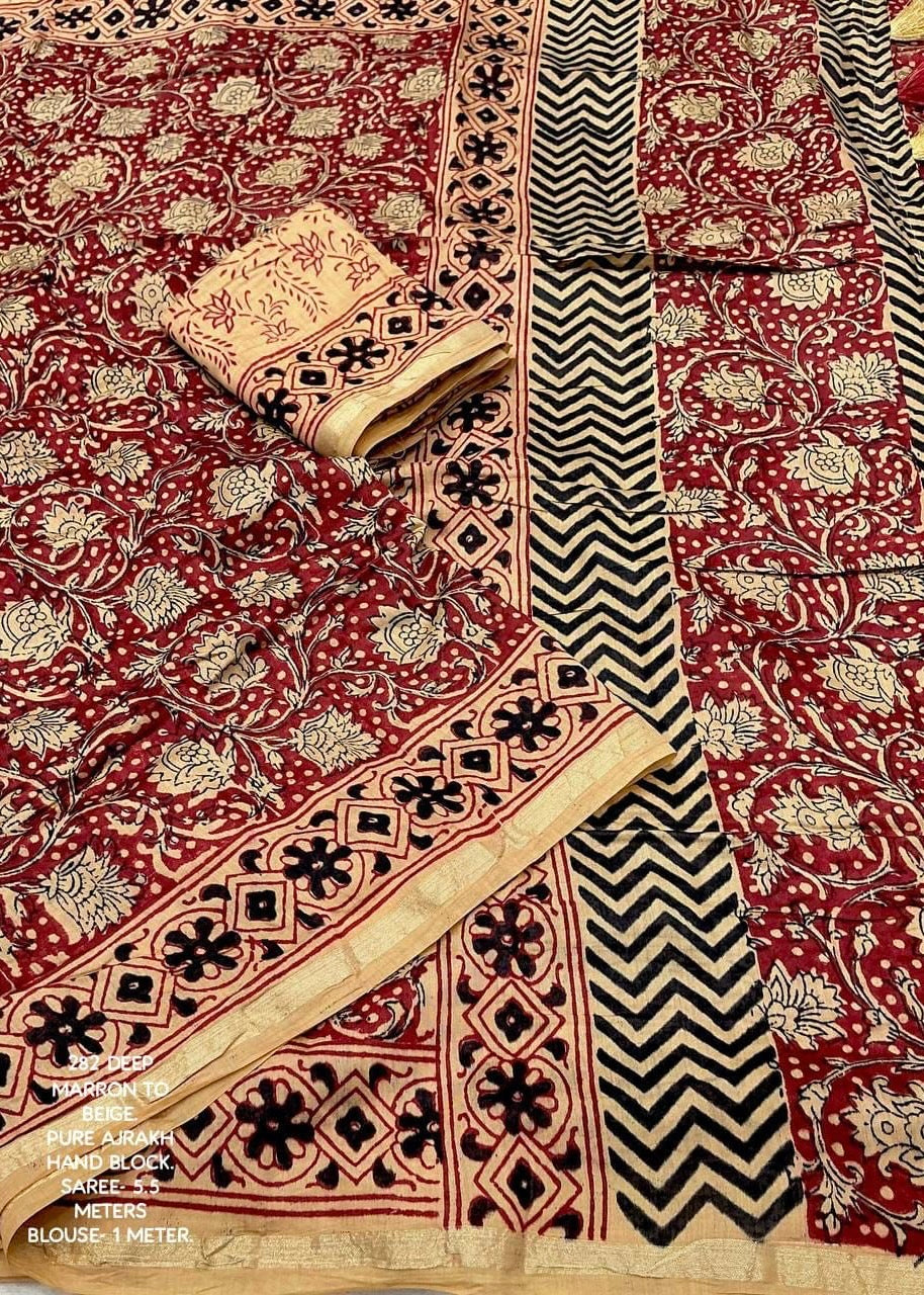Pure chanderi hand block ajrakh saree.
