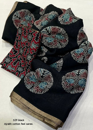 Black poly ajrakh cotton saree.