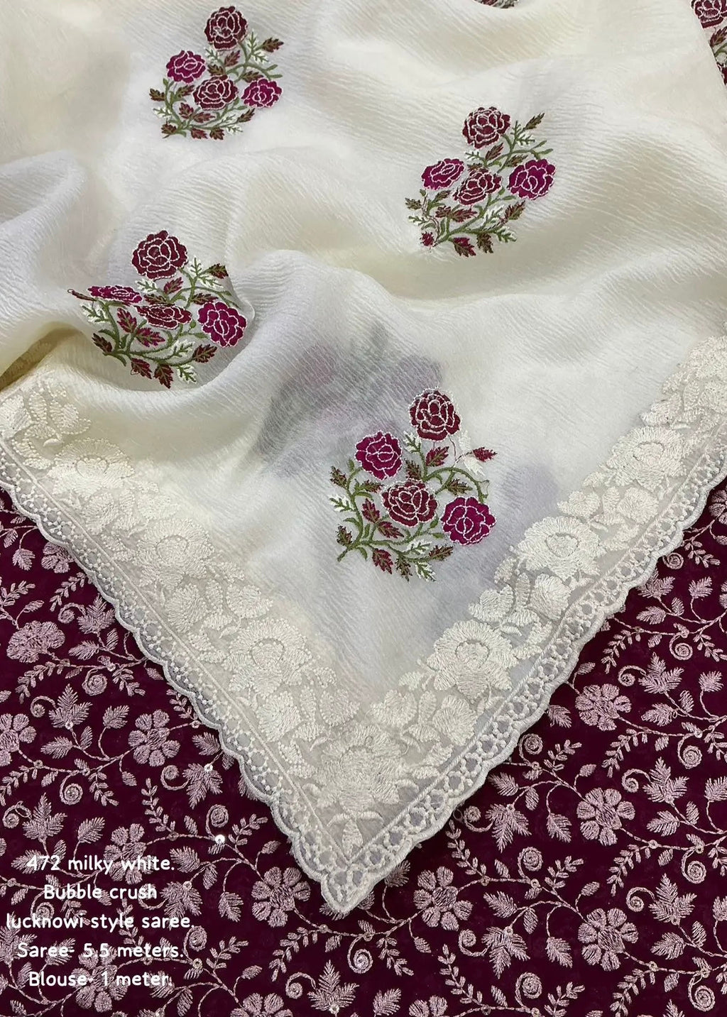 Lucknowi style embroidery saree.