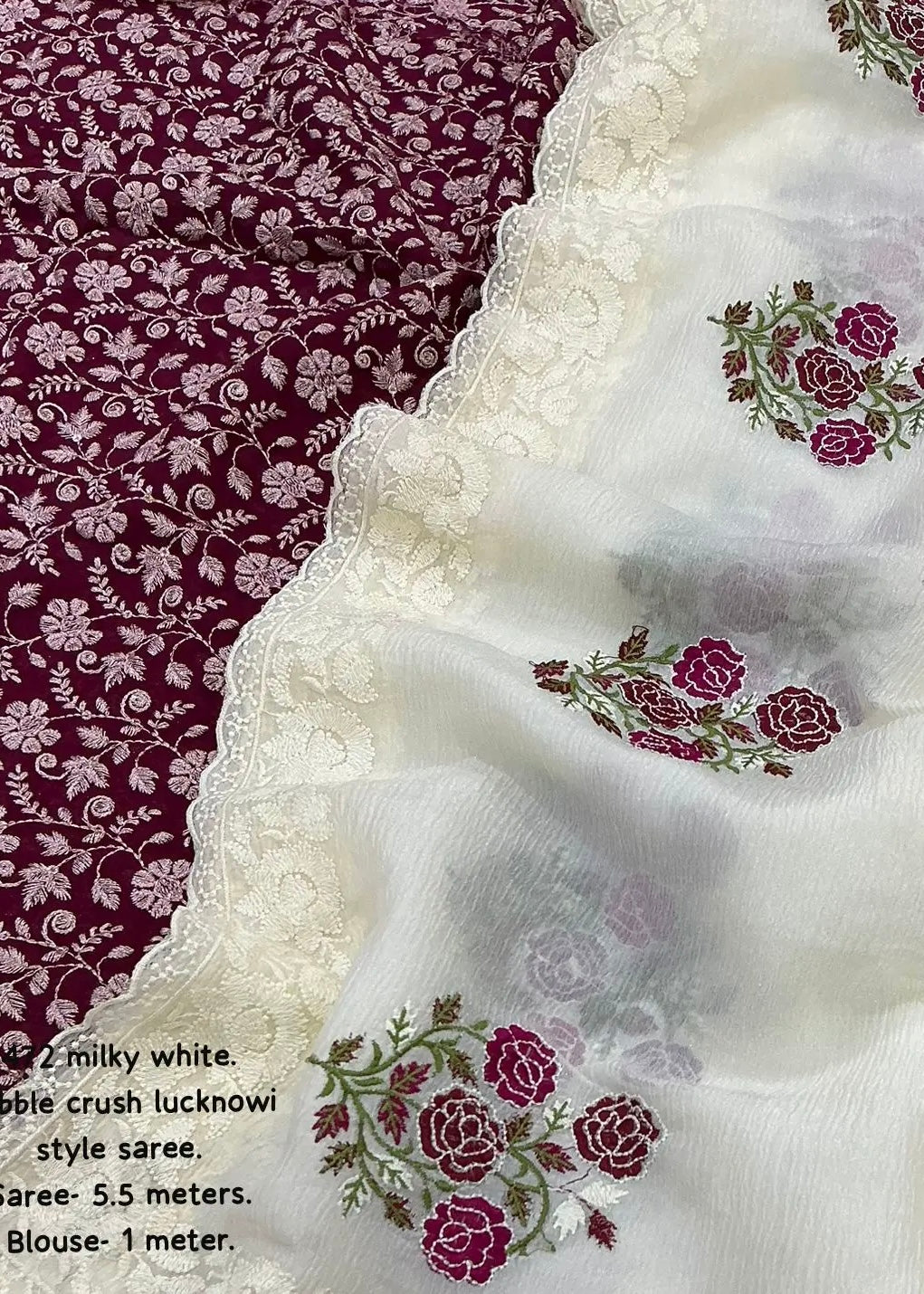 Lucknowi style embroidery saree.
