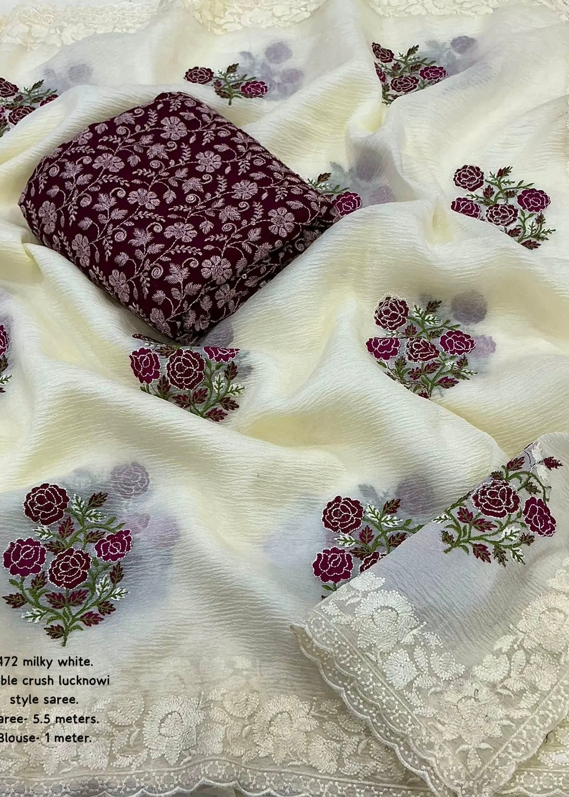 Lucknowi style embroidery saree.
