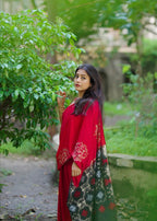 Black red embroidery saree.