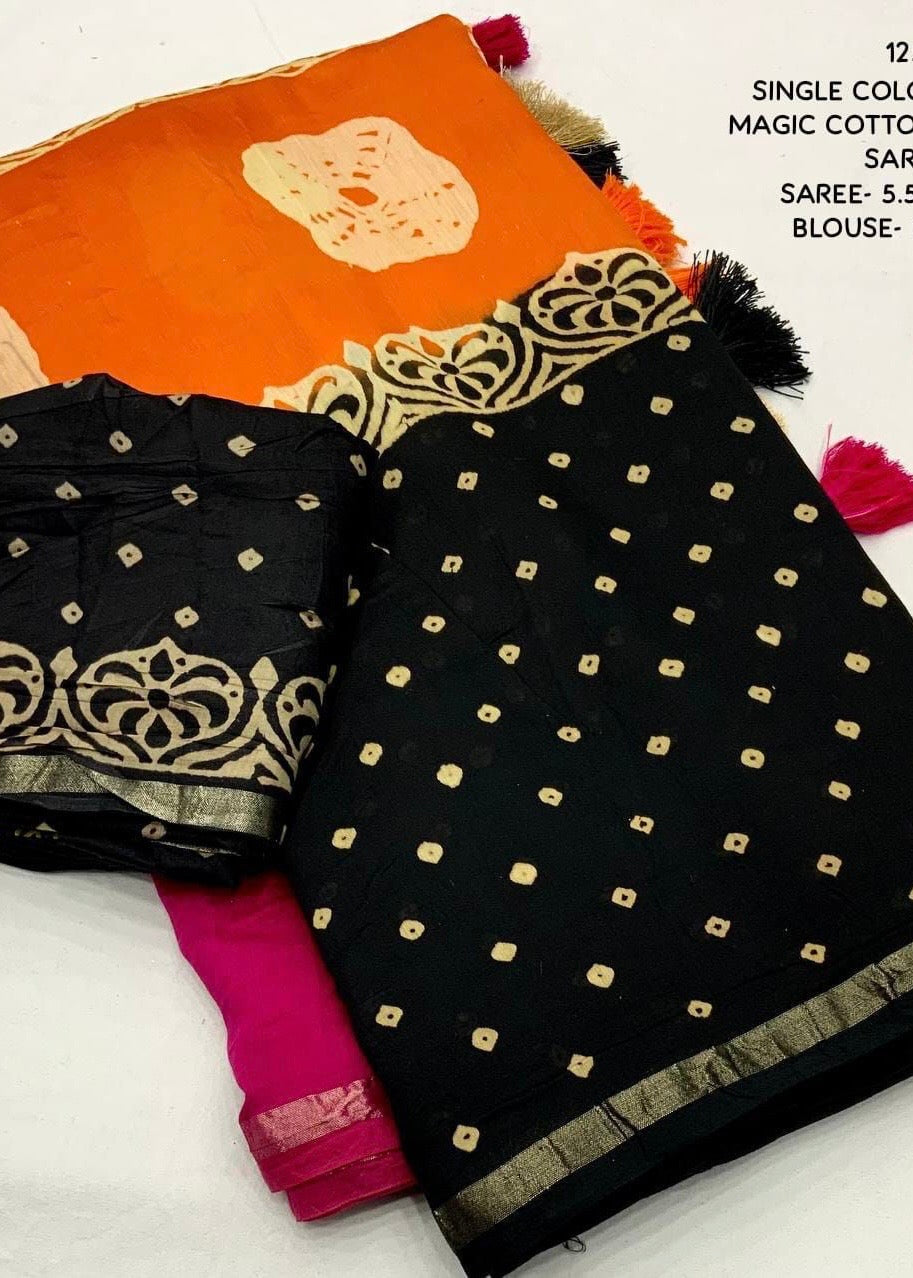 Tricolour hand-block printed saree